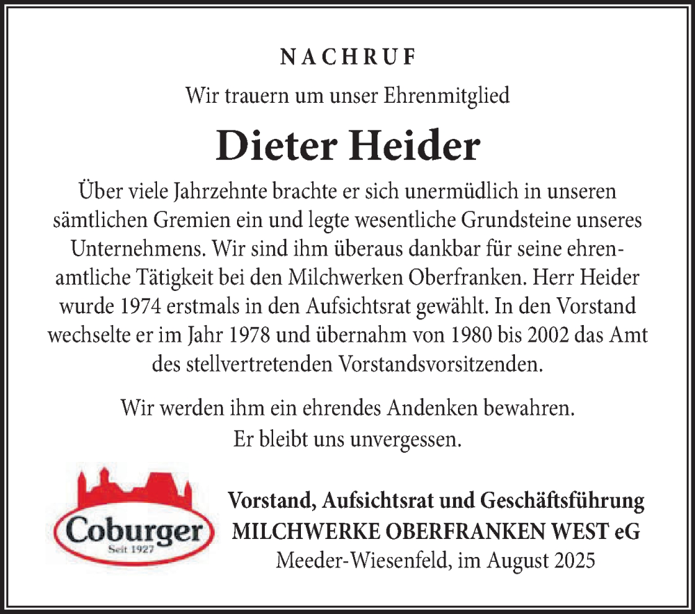  Traueranzeige für Dieter Heider vom 28.08.2025 aus Neue Presse Coburg
