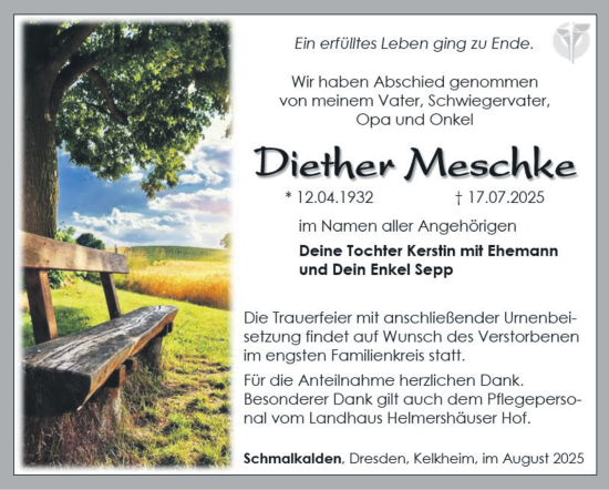 Traueranzeige von Diether Meschke von Südthüringer Presse