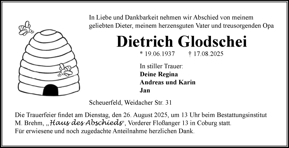  Traueranzeige für Dietrich Glodschei vom 23.08.2025 aus Neue Presse Coburg