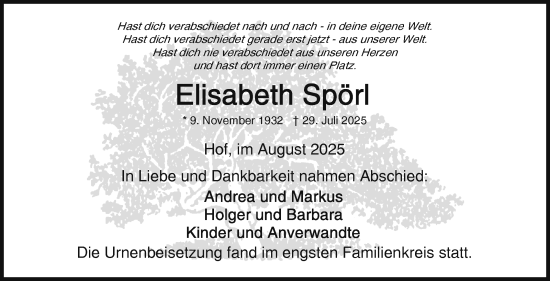 Traueranzeige von Elisabeth Spörl von Frankenpost