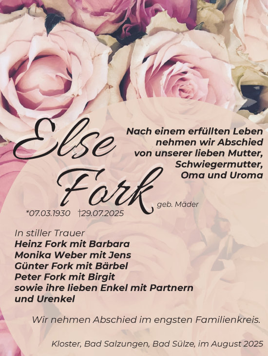 Traueranzeige von Else Fork von Südthüringer Presse