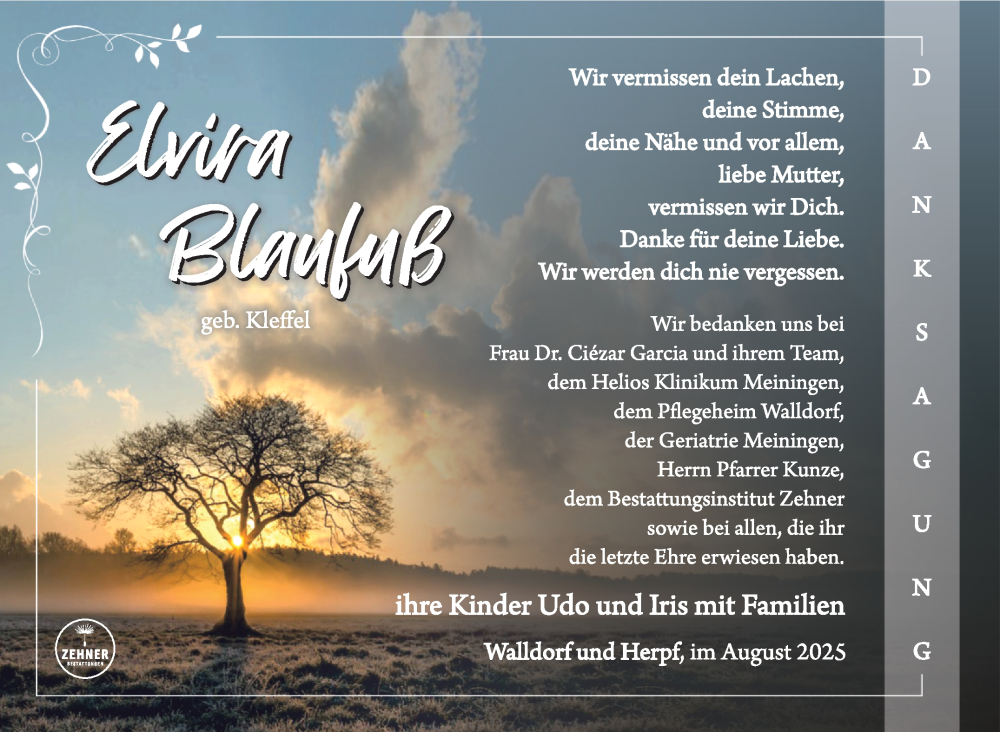  Traueranzeige für Elvira Blaufuß vom 29.08.2025 aus Südthüringer Presse