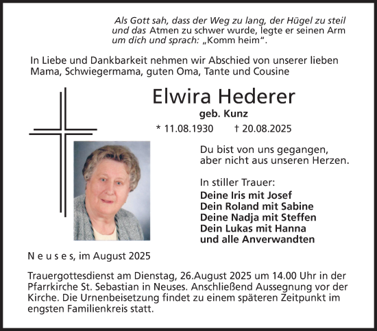Traueranzeige von Elwira Hederer von Neue Presse Coburg