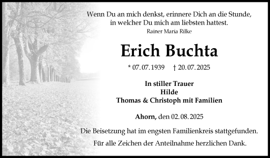 Traueranzeige von Erich Buchta von Südthüringer Presse