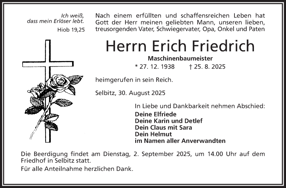  Traueranzeige für Erich Friedrich vom 30.08.2025 aus Frankenpost