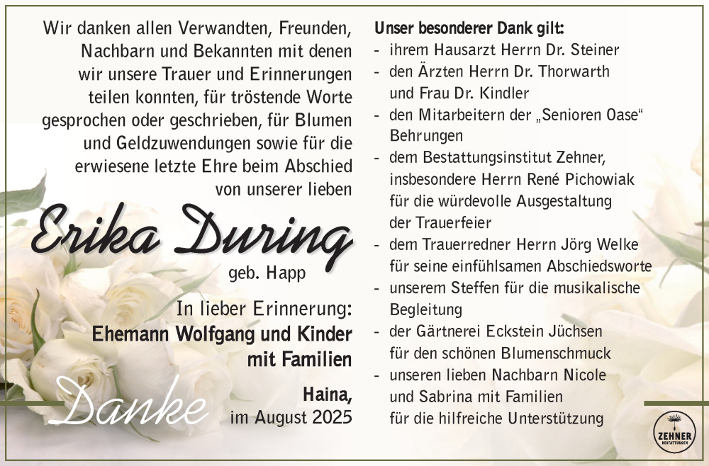  Traueranzeige für Erika During vom 23.08.2025 aus Südthüringer Presse