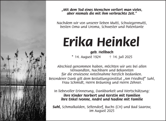 Traueranzeige von Erika Heinkel von Südthüringer Presse