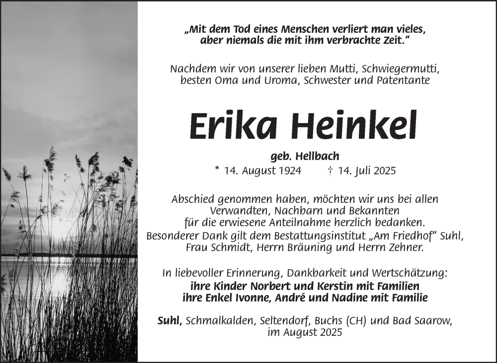  Traueranzeige für Erika Heinkel vom 16.08.2025 aus Südthüringer Presse