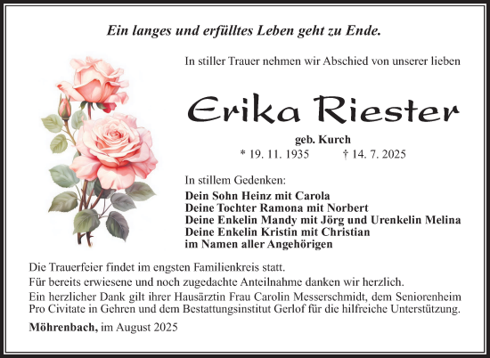 Traueranzeige von Erika Riester von Südthüringer Presse