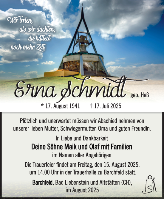 Traueranzeige von Erna Schmidt von Südthüringer Presse
