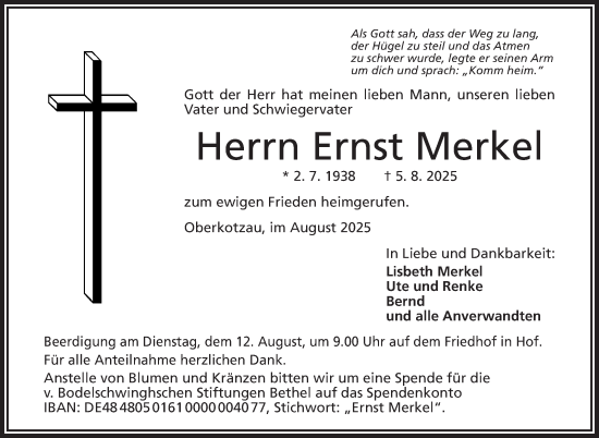 Traueranzeige von Ernst Merkel von Frankenpost
