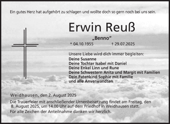Traueranzeige von Erwin Reuß von Neue Presse Coburg