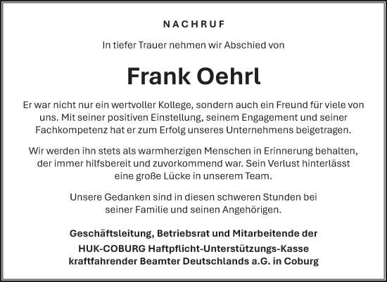 Traueranzeige von Frank Oehrl von Neue Presse Coburg