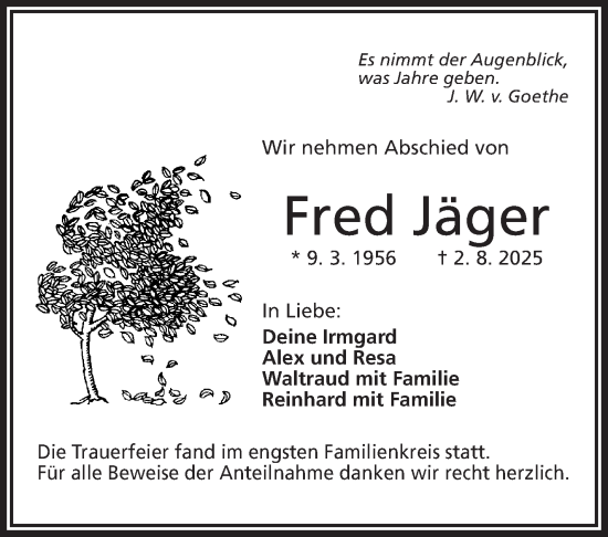 Traueranzeige von Fred Jäger von Frankenpost