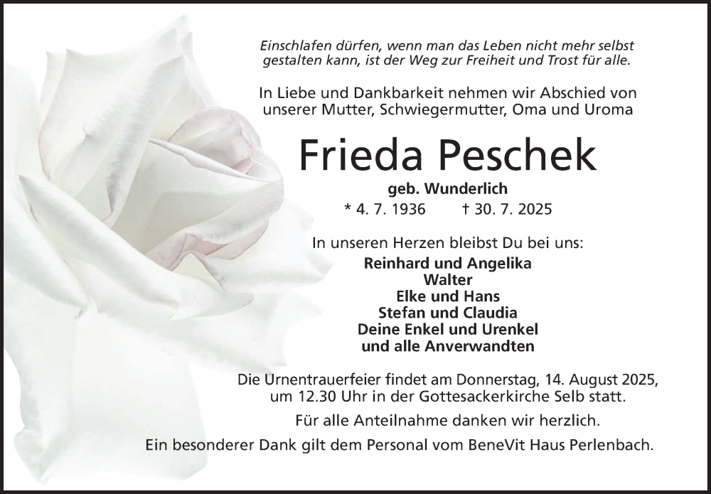  Traueranzeige für Frieda Peschek vom 09.08.2025 aus Frankenpost