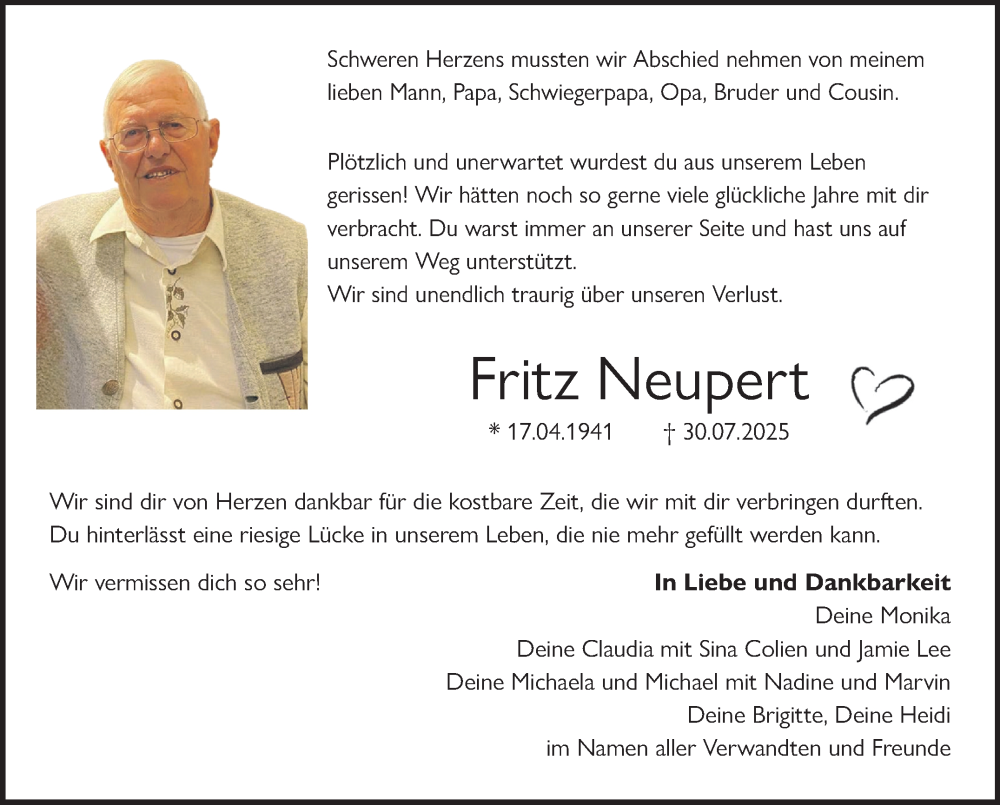  Traueranzeige für Fritz Neupert vom 23.08.2025 aus Frankenpost