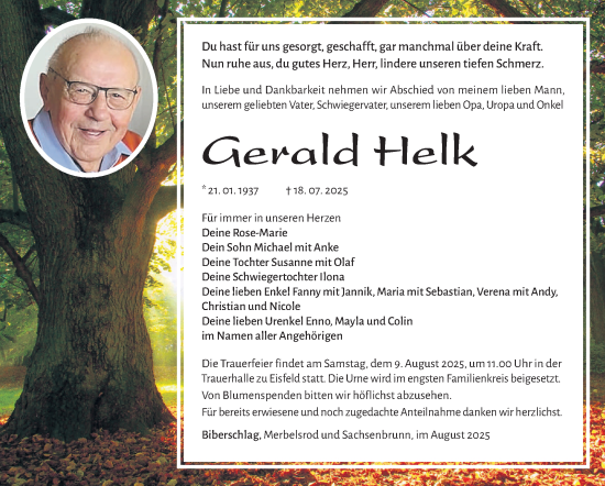 Traueranzeige von Gerald Helk von Südthüringer Presse