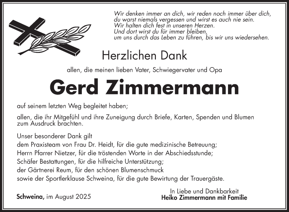  Traueranzeige für Gerd Zimmermann vom 23.08.2025 aus Südthüringer Presse