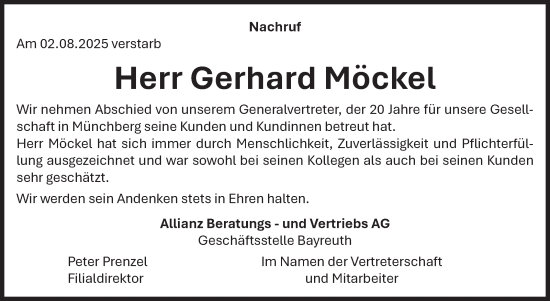 Traueranzeige von Gerhard Möckel von Frankenpost