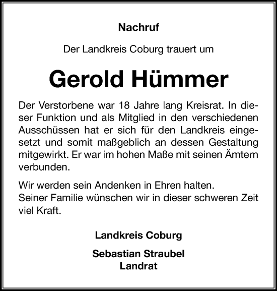 Traueranzeige von Gerold Hümmer von Neue Presse Coburg
