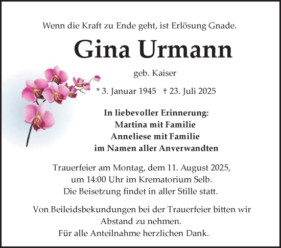 Traueranzeige von Gina Urmann von Frankenpost