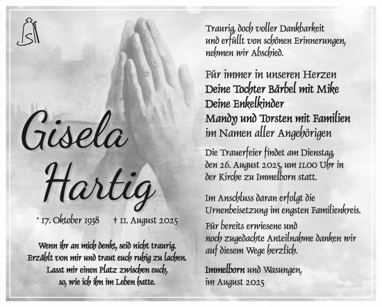 Traueranzeige von Gisela Hartig von Südthüringer Presse