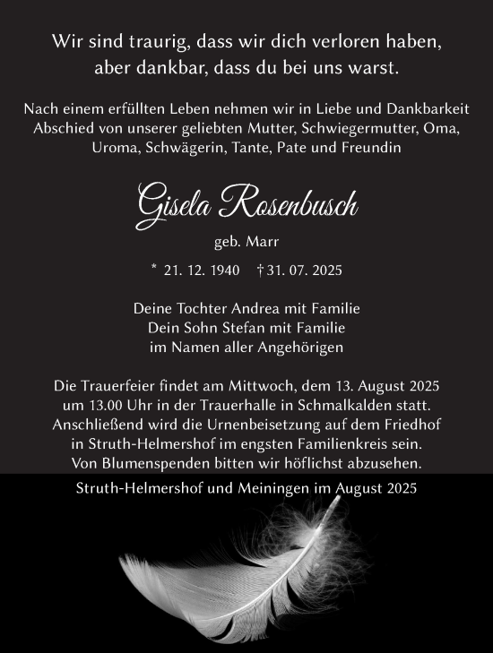 Traueranzeige von Gisela Rosenbusch von Südthüringer Presse