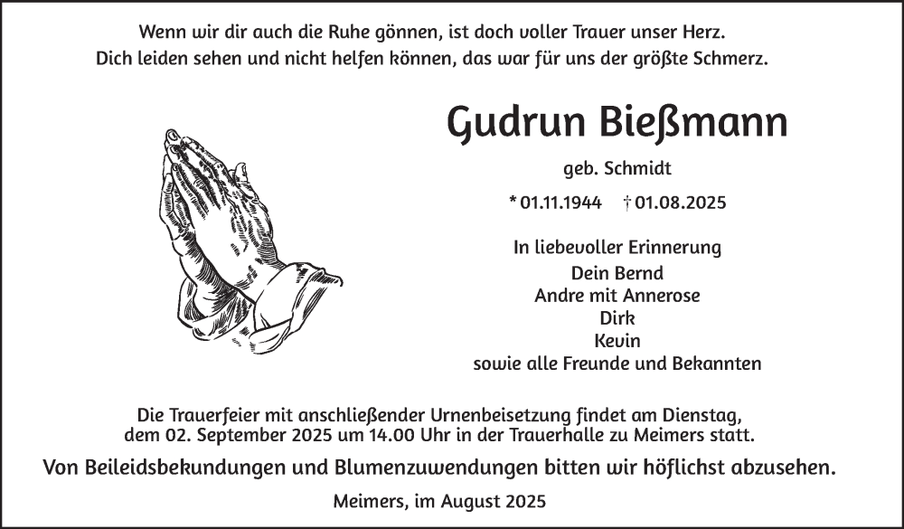  Traueranzeige für Gudrun Bießmann vom 30.08.2025 aus Südthüringer Presse