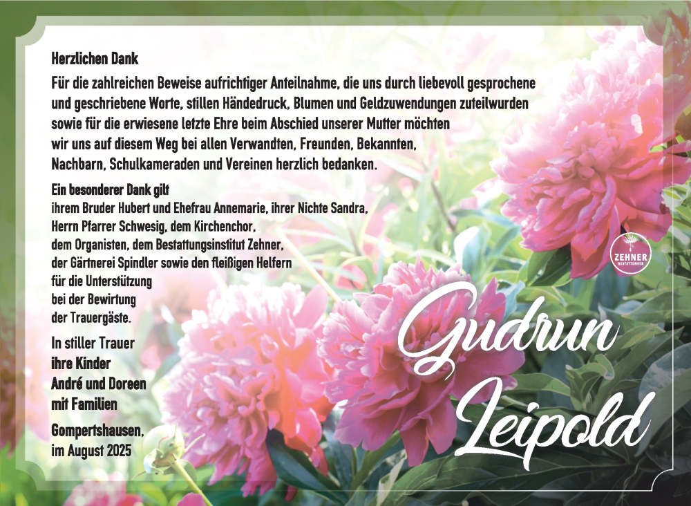  Traueranzeige für Gudrun Leipold vom 30.08.2025 aus Südthüringer Presse