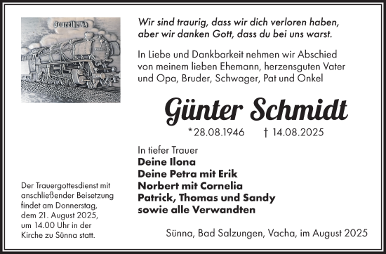 Traueranzeige von Günter Schmidt von Südthüringer Presse