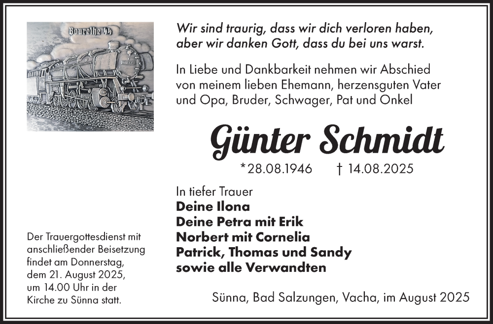  Traueranzeige für Günter Schmidt vom 19.08.2025 aus Südthüringer Presse