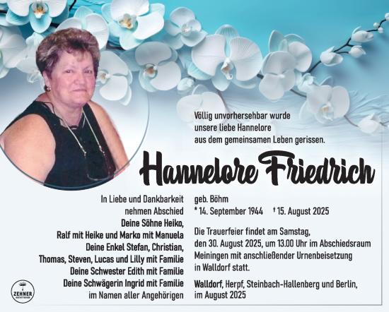 Traueranzeige von Hannelore Friedrich von Südthüringer Presse