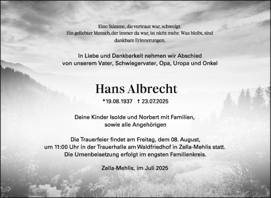 Traueranzeige von Hans Albrechtt von Südthüringer Presse