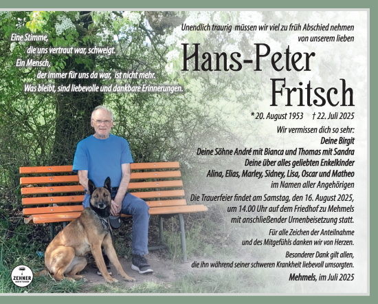 Traueranzeige von Hans-Peter Fritsch von Südthüringer Presse