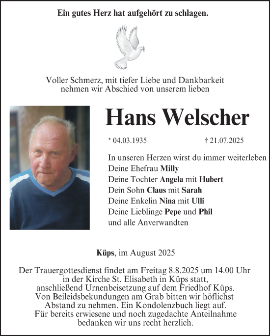 Traueranzeige von Hans Welscher von Neue Presse Coburg