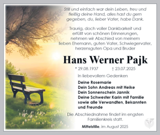 Traueranzeige von Hans Werner Pajk von Südthüringer Presse