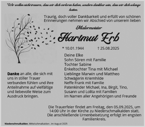 Traueranzeige von Hartmut Erb von Südthüringer Presse