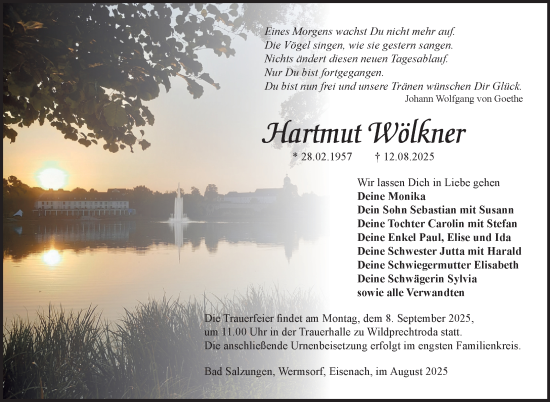 Traueranzeige von Hartmut Wölkner von Südthüringer Presse