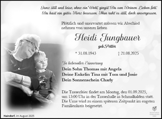 Traueranzeige von Heidi Jungbauer von Südthüringer Presse