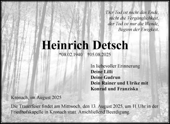 Traueranzeige von Heinrich Detsch von Neue Presse Coburg