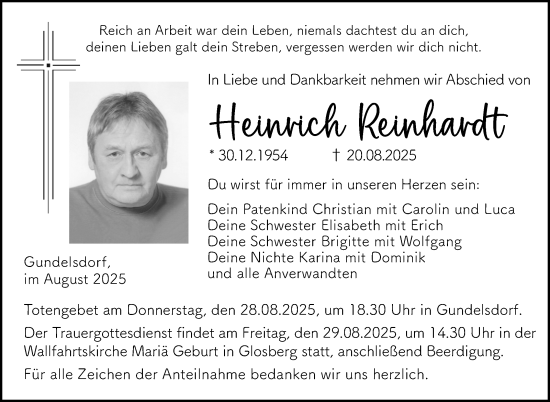 Traueranzeige von Heinrich Reinhardt von Neue Presse Coburg