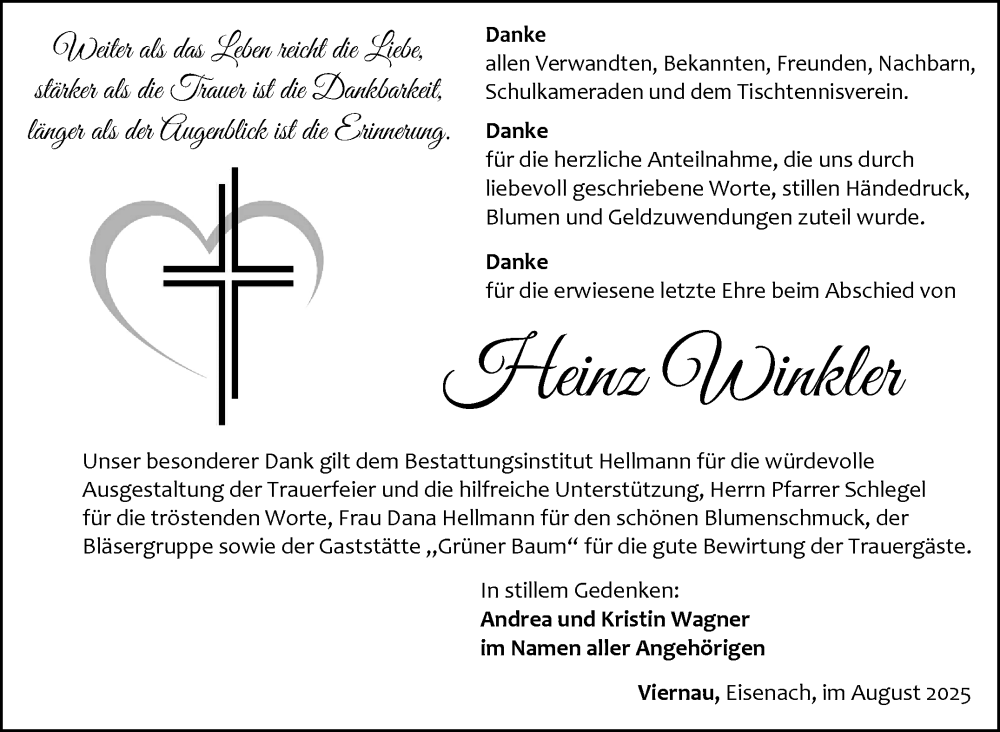  Traueranzeige für Heinz Winkler vom 23.08.2025 aus Südthüringer Presse