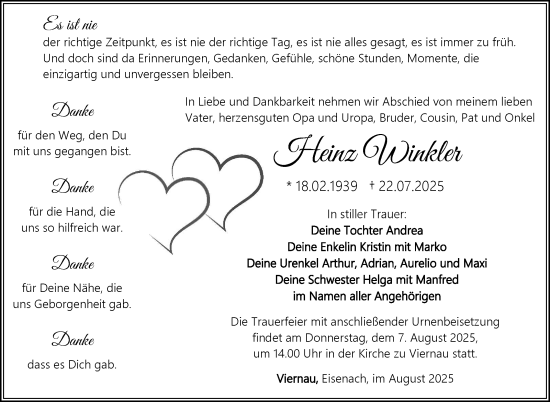 Traueranzeige von Heinz Winkler von Südthüringer Presse