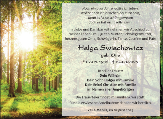 Traueranzeige von Helga Swiechowicz von Südthüringer Presse