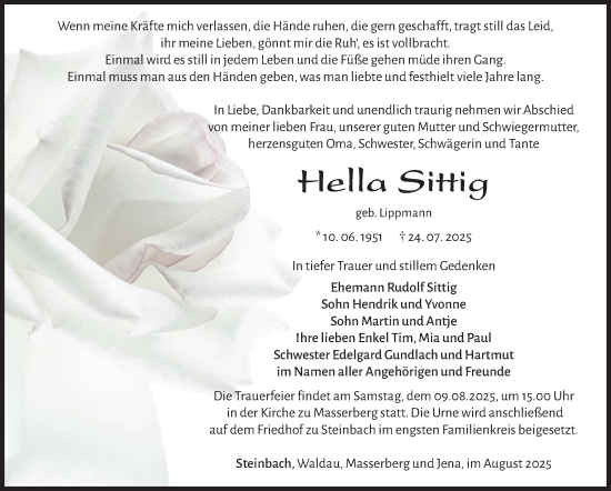 Traueranzeige von Hella Sittig von Südthüringer Presse