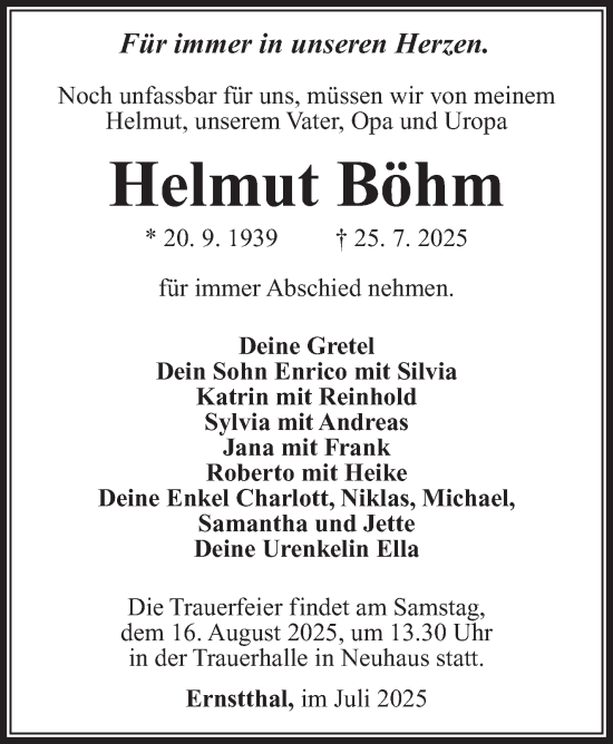 Traueranzeige von Helmut Böhm von Südthüringer Presse