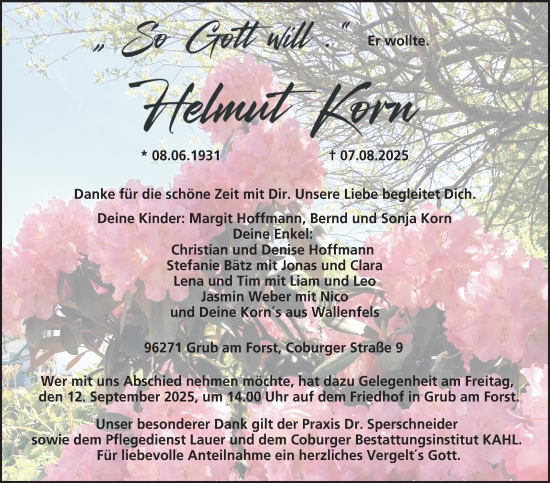 Traueranzeige von Helmut Korn von Neue Presse Coburg