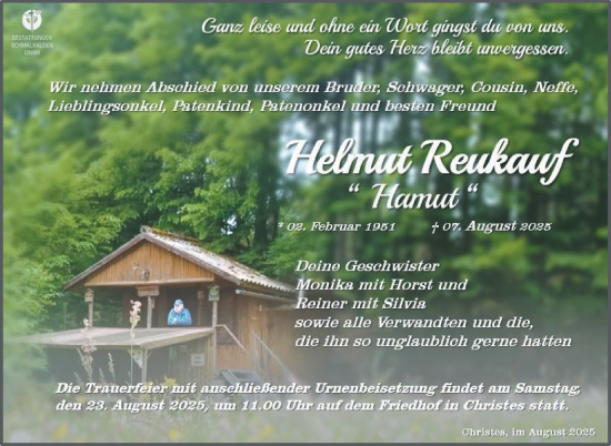 Traueranzeige von Helmut Reukauf von Südthüringer Presse