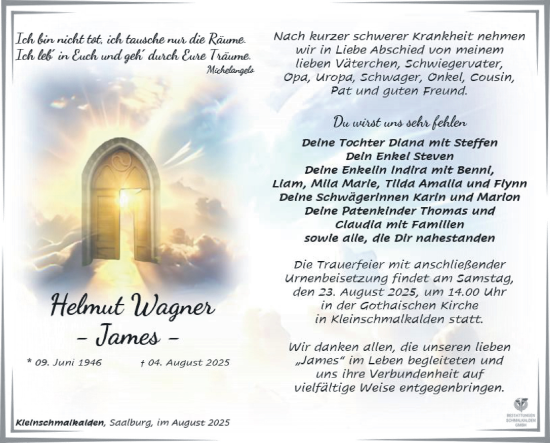 Traueranzeige von Helmut Wagner von Südthüringer Presse