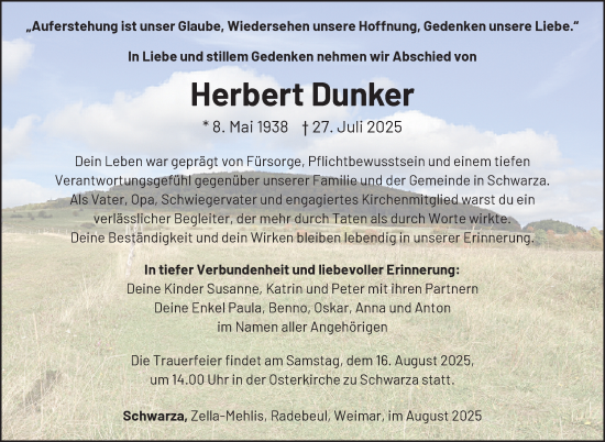 Traueranzeige von Herbert Dunker von Südthüringer Presse